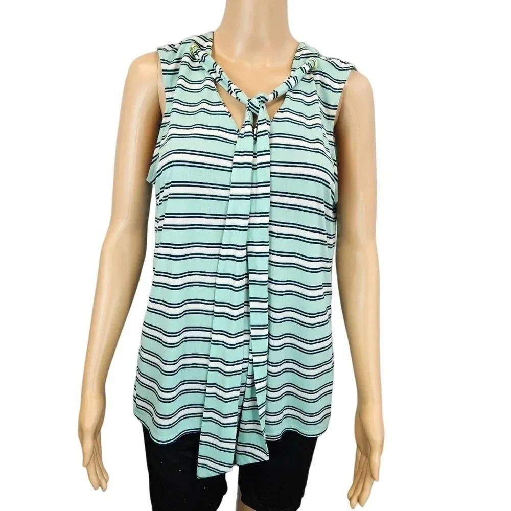 The Limited Size L Green and White Stripe Sleeveless Top with Tie